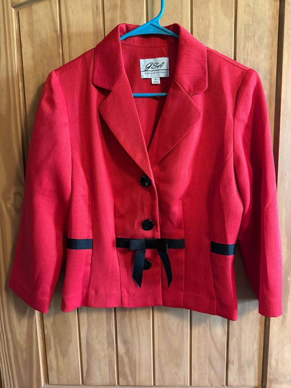 Vintage 80s Red Blazer with Black Ribbon Trim